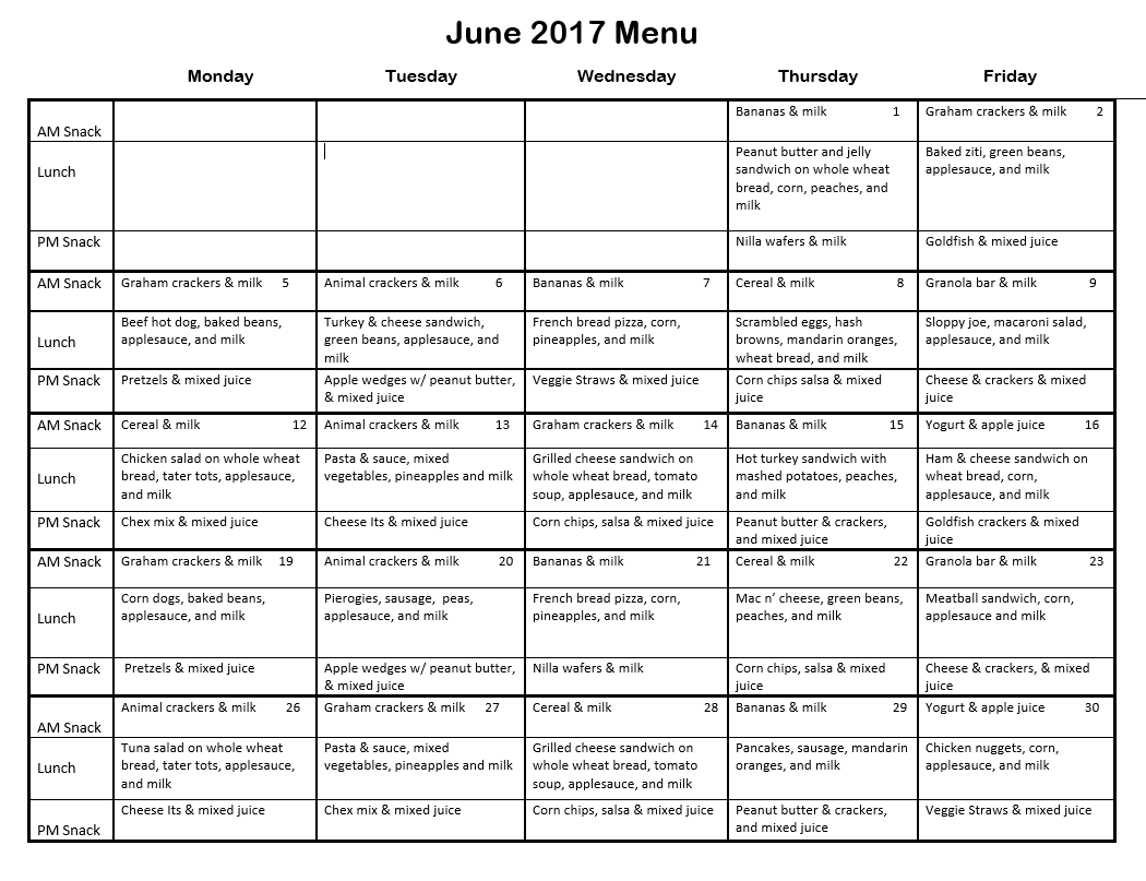 Monthly Menu | Children Central