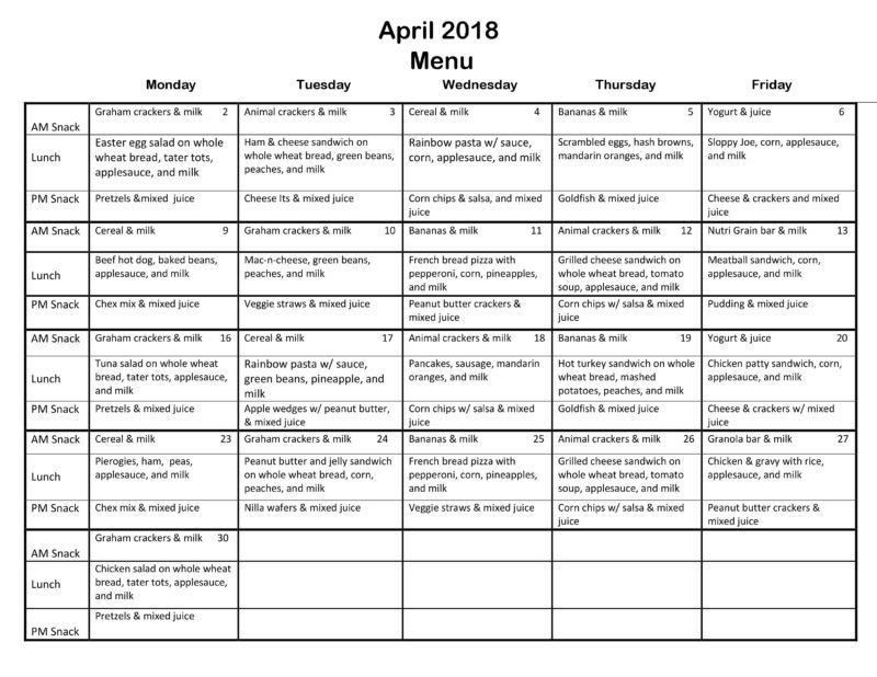 Monthly Menu | Children Central